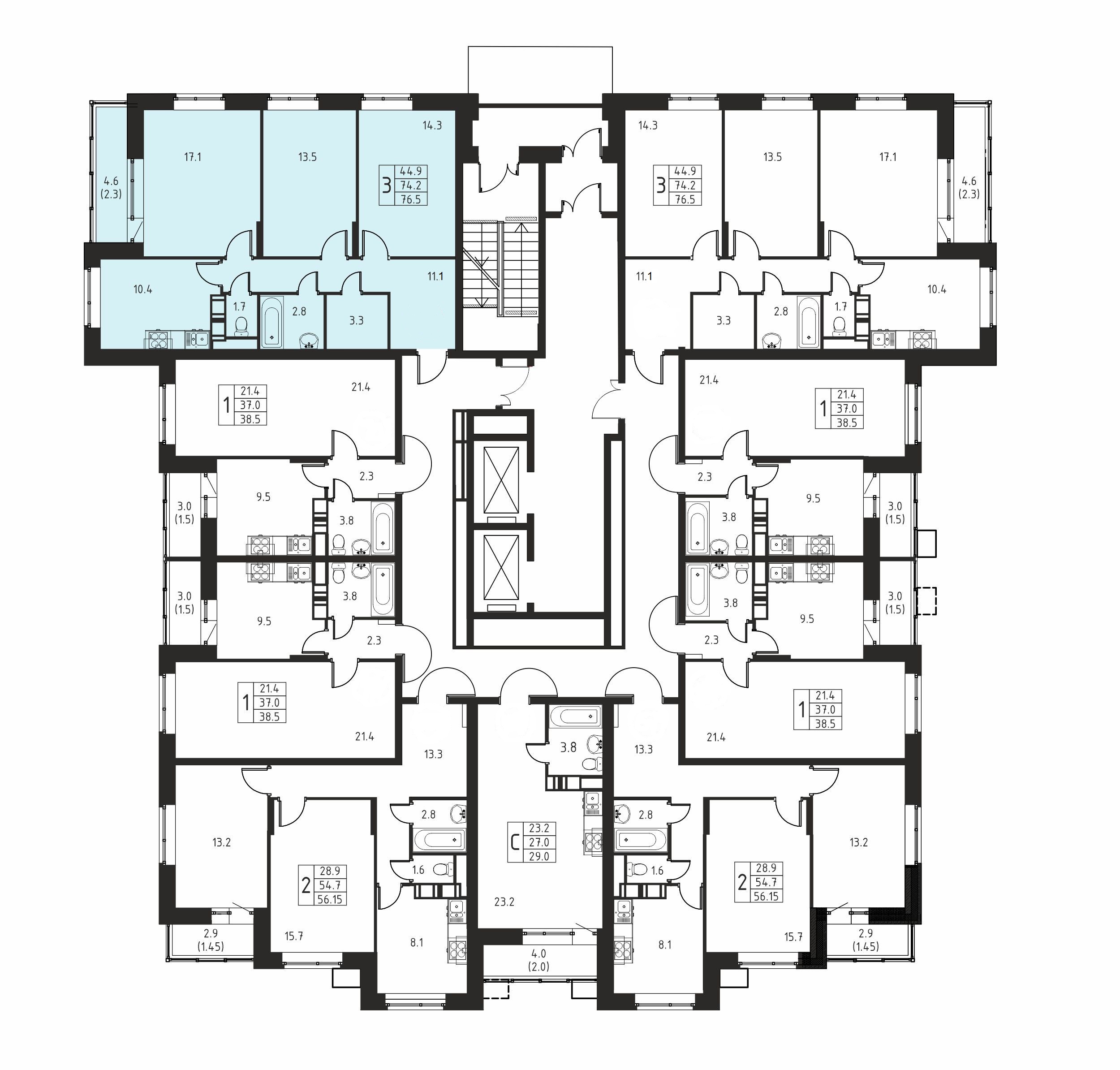 3-комнатная квартира №81, 76,5 м² за 10,94 млн руб. в ЖК «Космос» - планировка